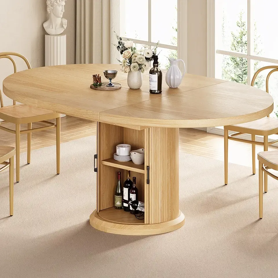 47″–63″ Extendable Round Dining Table for 4–8 with Dust-Proof 2-Tier Storage Shelf Space-Saving Expandable Dining Room Table Wood Oval Circle Dining Table with Pedestal Base (Natural)