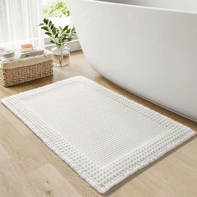RESARE Waffle Bath Mat, Super Absorbent Non Slip, Machine Washable, Ultra Soft Boho Bath Rugs with Tassels, Upgraded Bordered Design, 17"x24" White