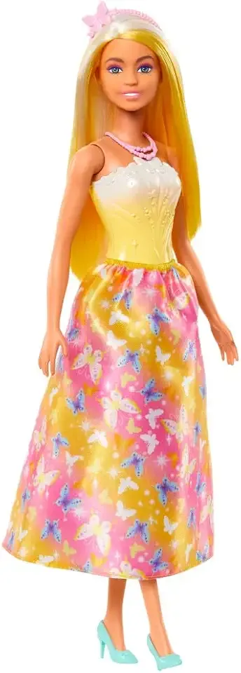 Royal Doll with Brightly Highlighted Fantasy Hair | Colorful Accessories, Yellow Ombre Bodice and Butterfly-Print Skirt