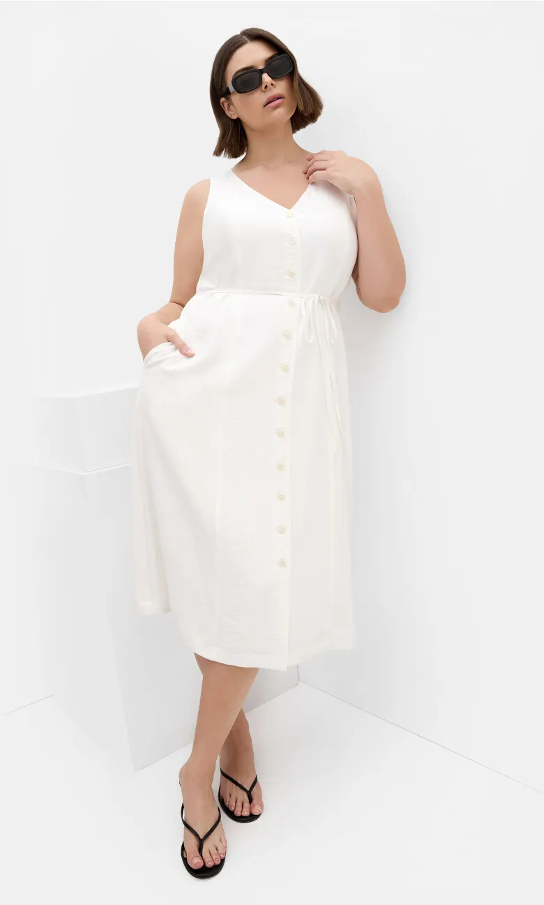 Evani Tie Waist Midi Dress - ivory