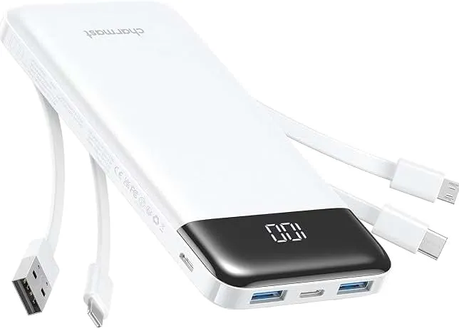charmast Portable Charger with Reinforced Built-in 4 Cables,10000mAh Power Bank Travel Essentials 6 Outputs 3 Inputs 3A Fast Charging Compatible with iPhone iPad Samsung Google Pixel LG Moto etc.