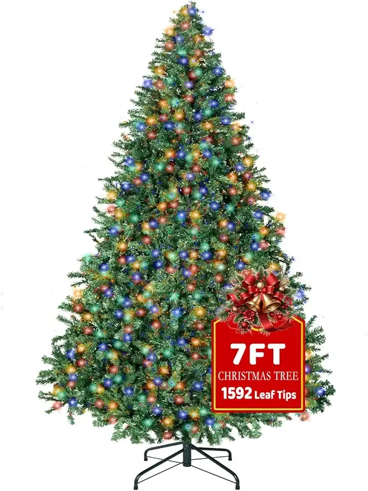 7FT Christmas Tree with Lights,Artificial Christmas Tree with 500 LED Lights and 1592 Branch Tips,Xmas Tree with Foldable Stand Perfect for Indoor&Outdoor,Christmas Decoration for Party by DNKMOR