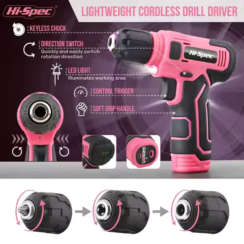 ​Hi-Spec 133PC Power Tool Sets with 8V Lithium Drill - Pink Home Repair Tools Kit Set & Magnetic Precision Bits 3-Tier Toolbox
