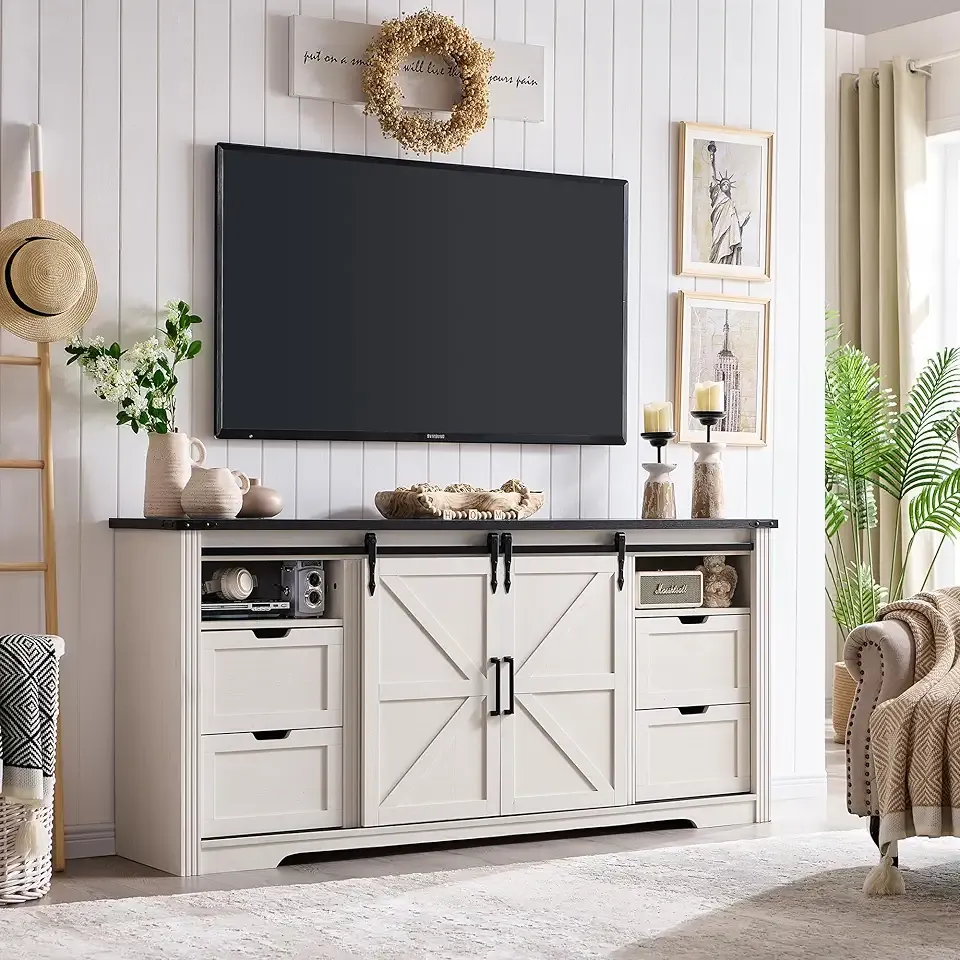 Farmhouse TV Stand for 75+ Inch TV, 32" Tall Entertainment Center w/4 Drawers & Sliding Barn Door, Rustic Media Console w/Storage Shelves, 66" Wood Television Stand for Living Room, Off White