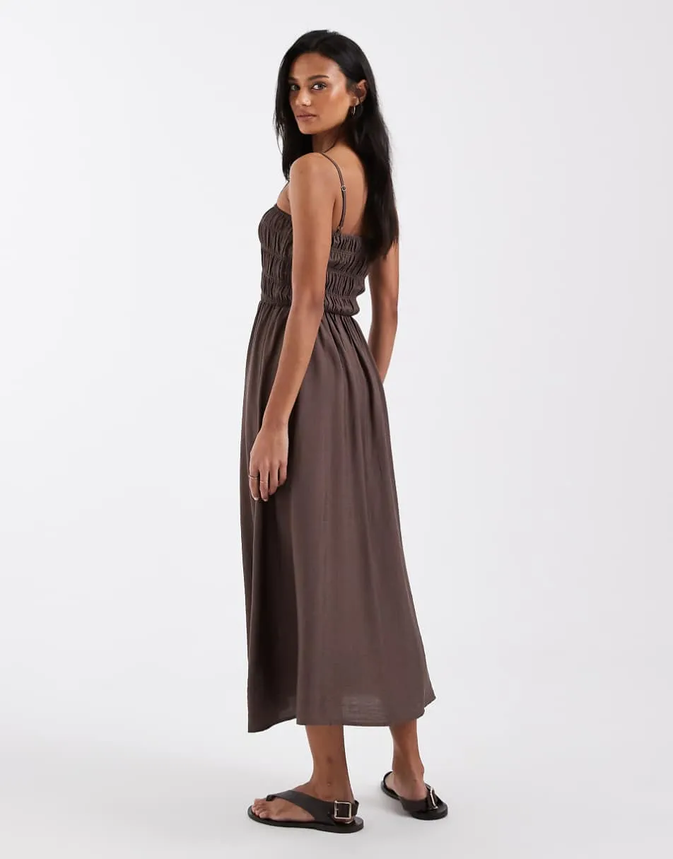 Brave Soul strappy shirred sundress in brown