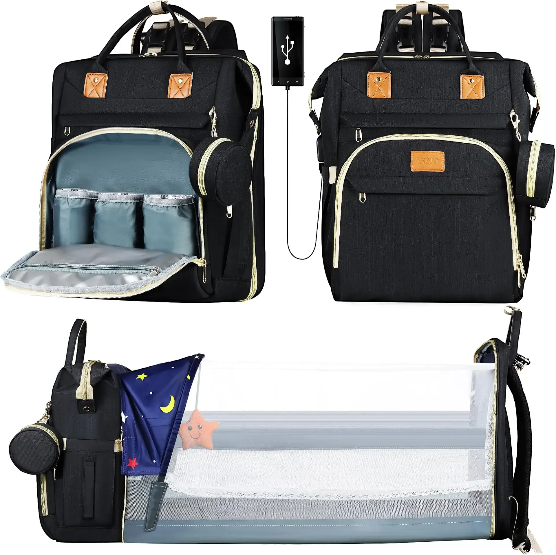 Diaper Bag Backpack for Mom and Dad, Large Capacity Baby Travel Bag with USB Charging Port, Waterproof Foldable Baby Bag for Boys and Girls, Stylish Maternity Backpack for Travel & Hospital，Black