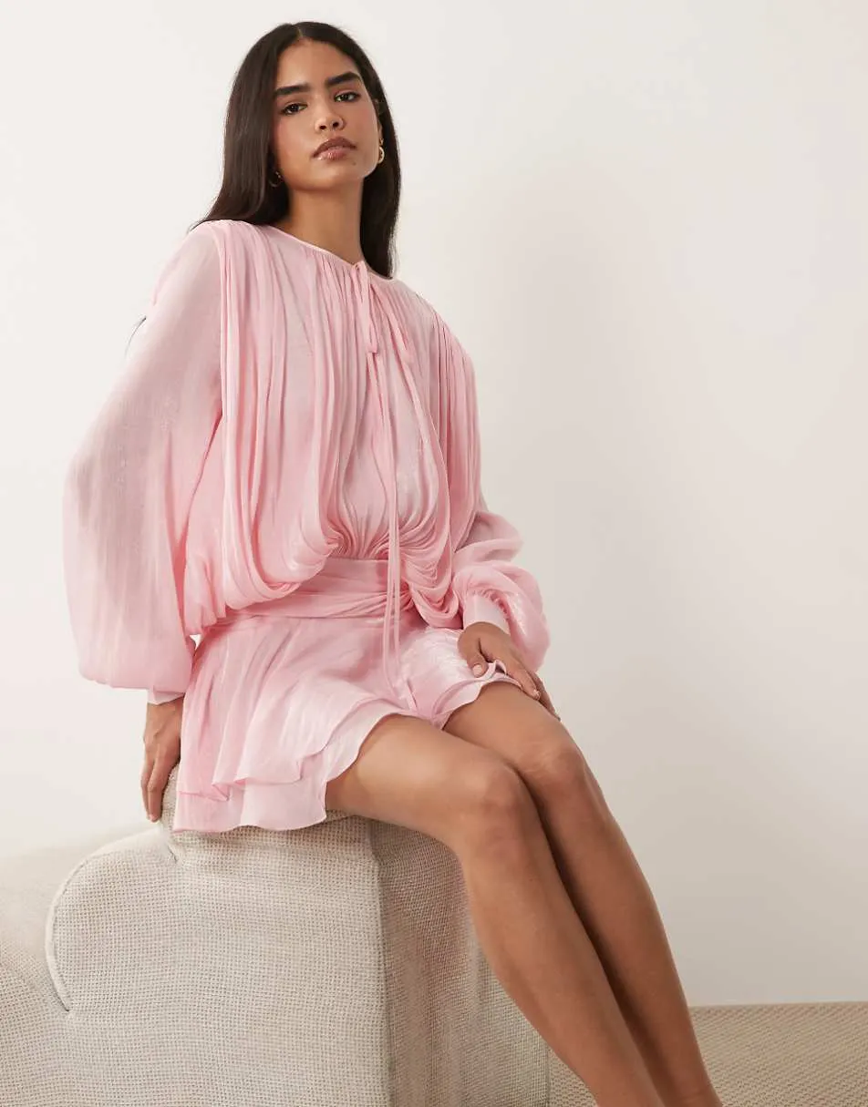 Lioness Elements high sheen chiffon drape detail balloon sleeve tie waist mini dress in baby pink