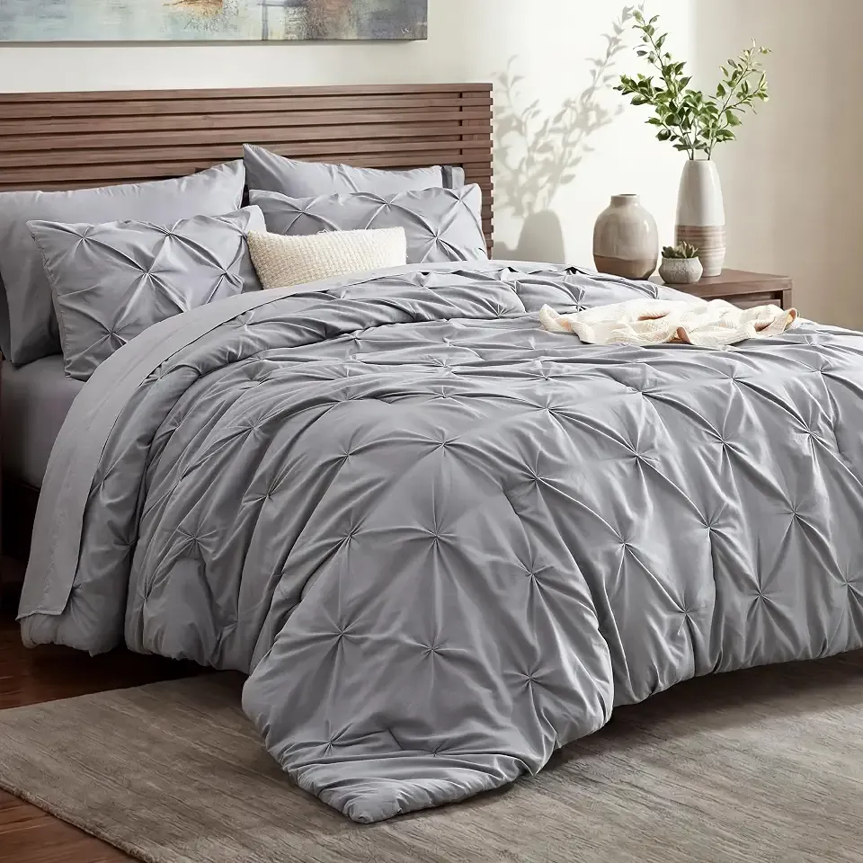 Bedsure King Size Comforter Set Grey - Bed in a Bag Bedding Set 7 Pieces, GentleSoft™ Pintuck Bed Set Gift for Family, All Season Down Alternative Comforter with Sheets, Pillowcases & Shams