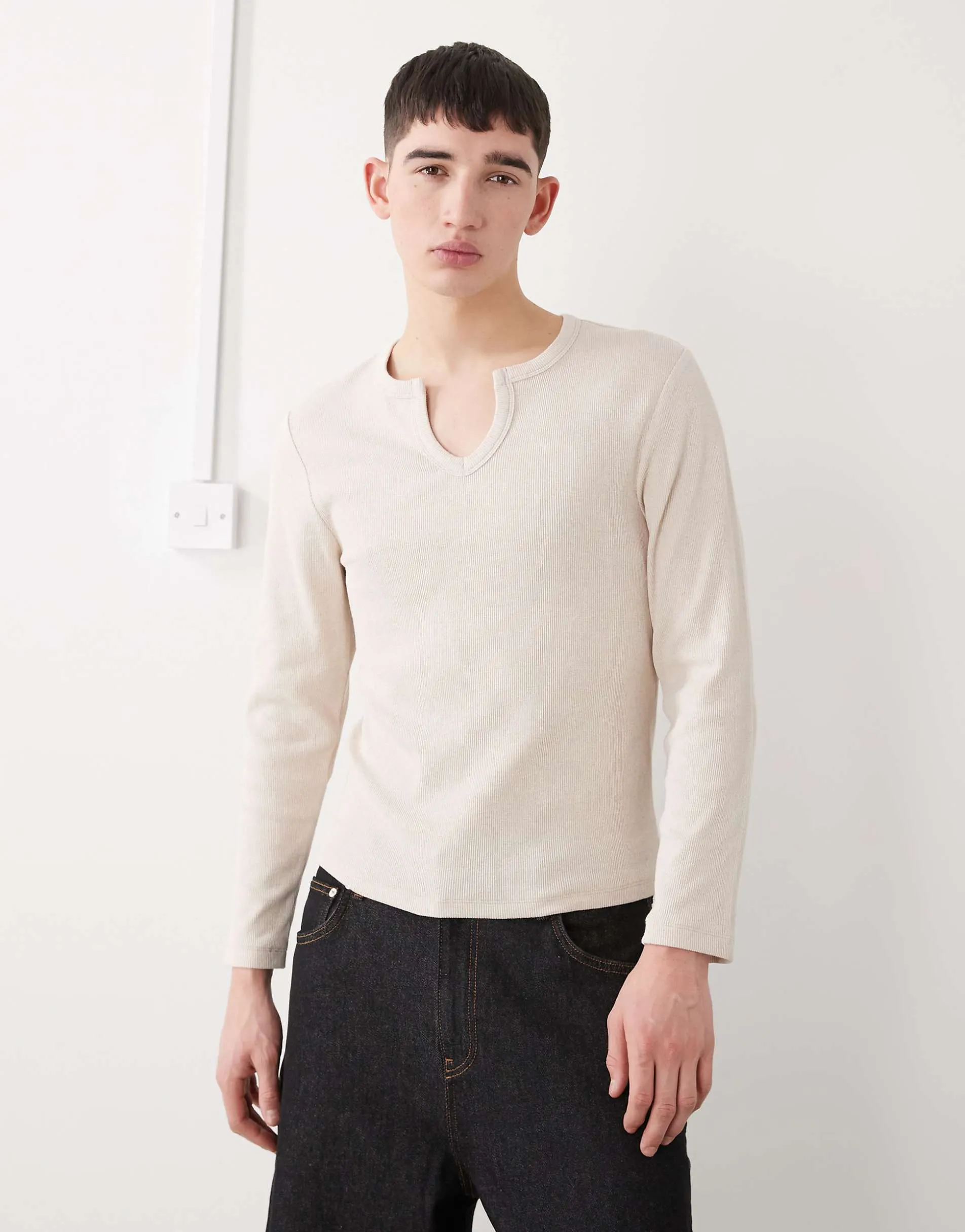 COLLUSION notch neck muscle fit long sleeve henley t-shirt in oatmeal