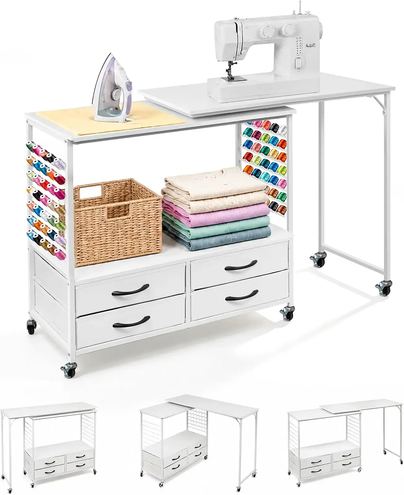Sewing Table with Storage, 46.5'' Folding Sewing Table -70 Pegs, 4 Drawers | Sewing Desk Multipurpose Craft Station with Lockable Wheels, Shelves