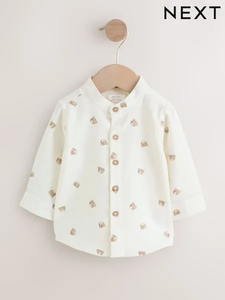 Ecru Bear Long Sleeve Grandad Collar All-Over Print Character Shirt (3mths-7yrs)