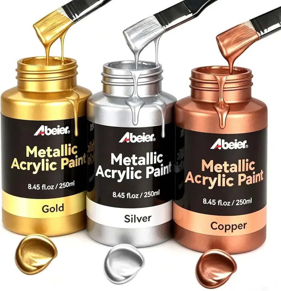 ABEIER Metallic Acrylic Paint Set - 3 Colors (Gold, Silver, Copper) 25.35 fl oz/750ml, High-Gloss Paint for Metal, Wood, Canvas & Crafts, Non-Toxic Reflective Metallic Paint for Beginners Artists