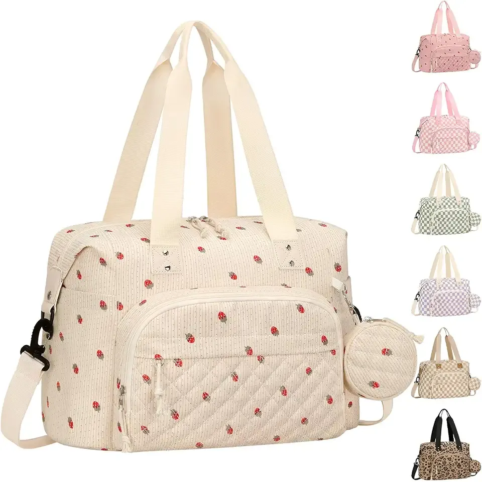 Tenot Diaper Bag Tote, Baby Bag with Pacifier Case Beige Strawberry | Corduroy, Large Capacity, Travel Diaper Bag with Shoulder Straps for Mom, Dad, Baby Girl Boy, Maternity Hospital Bag