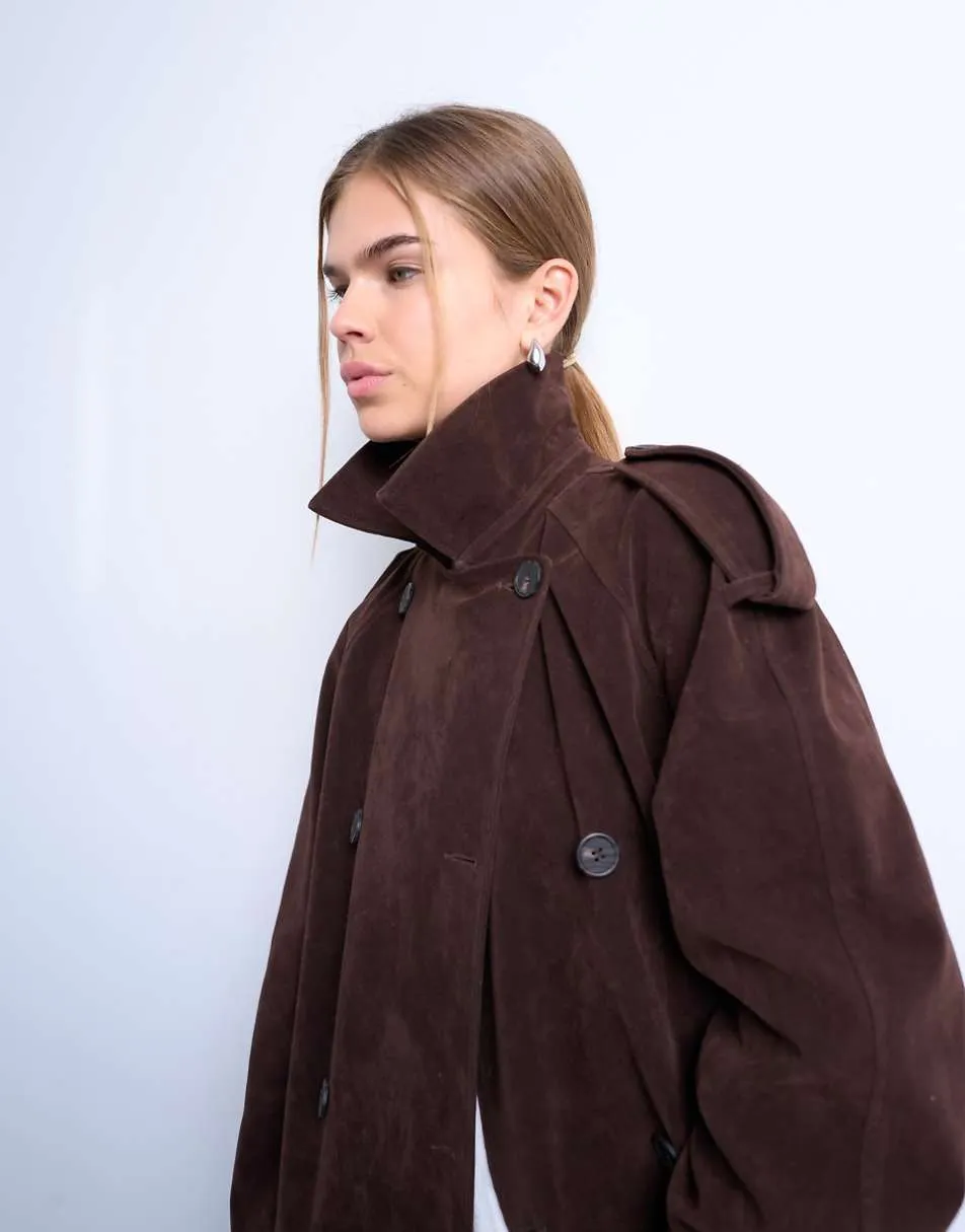 Topshop longline oversized faux suede trench coat in chocolate