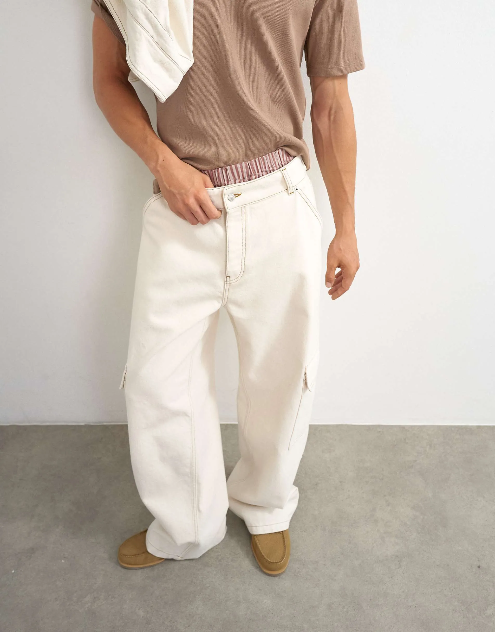 Topman rigid baggy fit jean with side pockets in natural