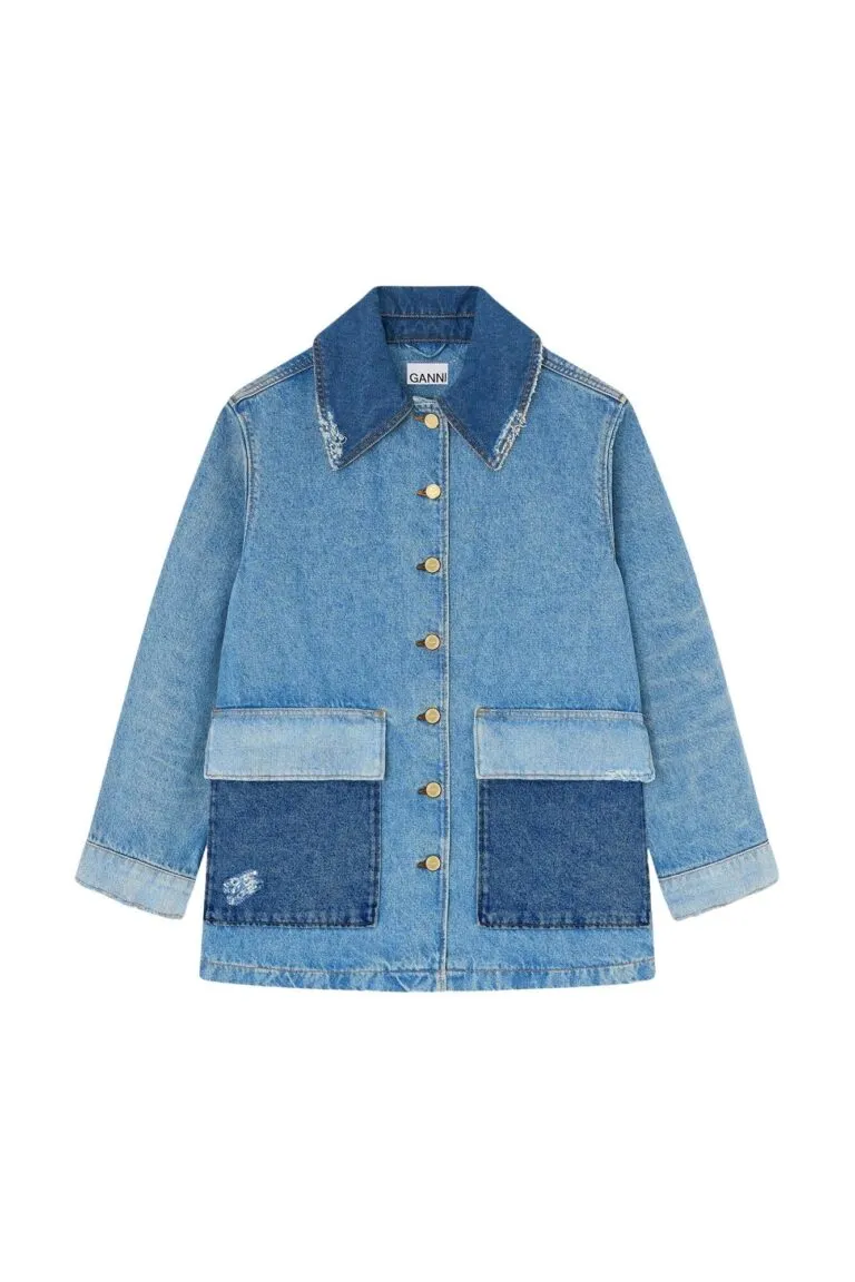 Patchwork Denim Midi Jacket - Blå