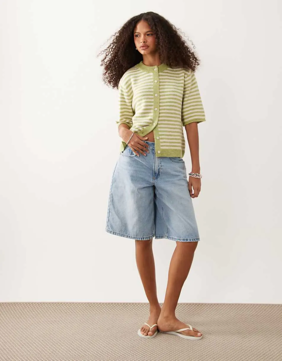 ASOS DESIGN lightweight relaxed short sleeve cardigan in pistachio and white stripe