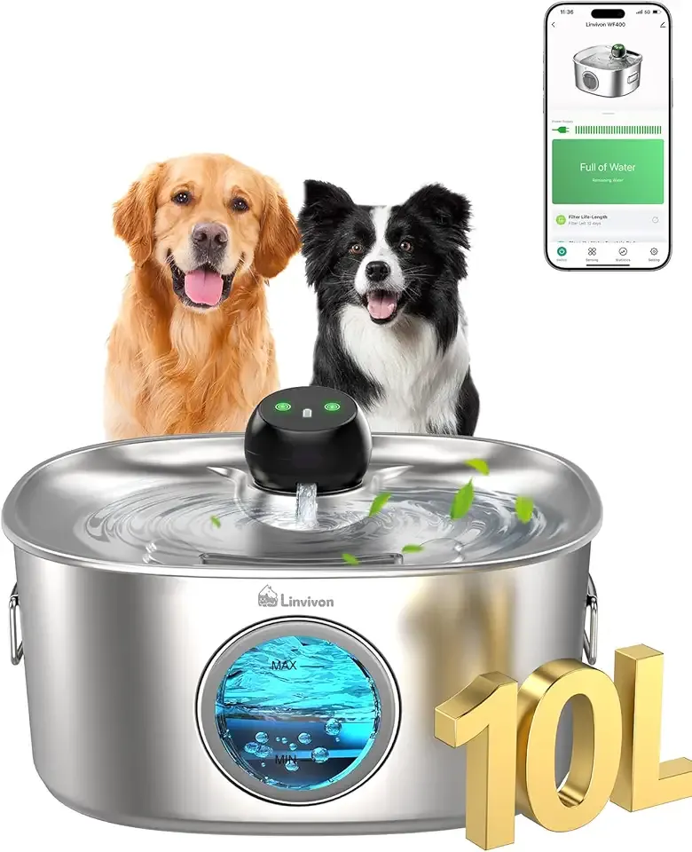Dog Water Bowl Dispenser, 10L/2.64Gal/338 Oz Automatic Dog Water Fountain with APP & 2.4G WiFi, 5-Filtered Stainless Steel Pet Water Fountain Quiet for Large Dogs Inside and Multi-Pet Home