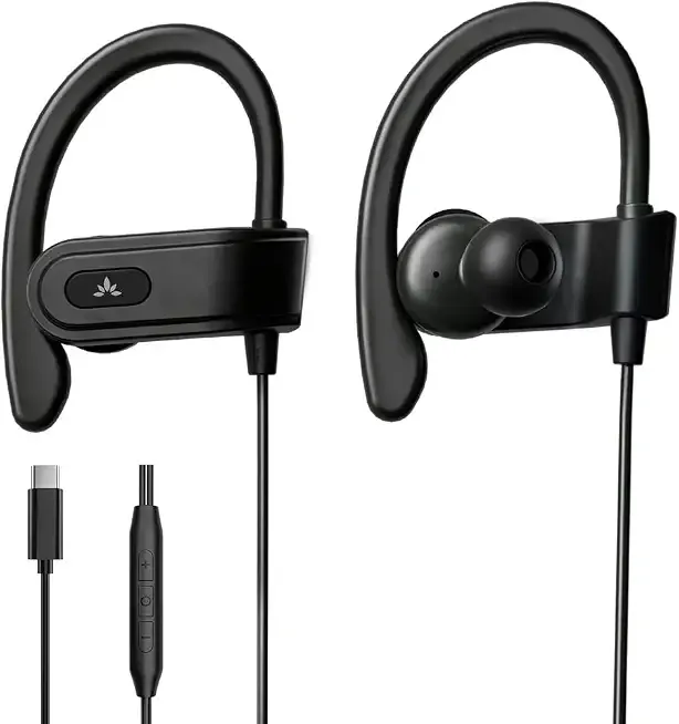 C171 - USB-C Wired Earbuds with Microphone & Volume Controls | Ear Hook Design for Running & Sports, Comfortable Fit Headphones for iPhone 15+, Samsung and Android USB-C Phones, Black