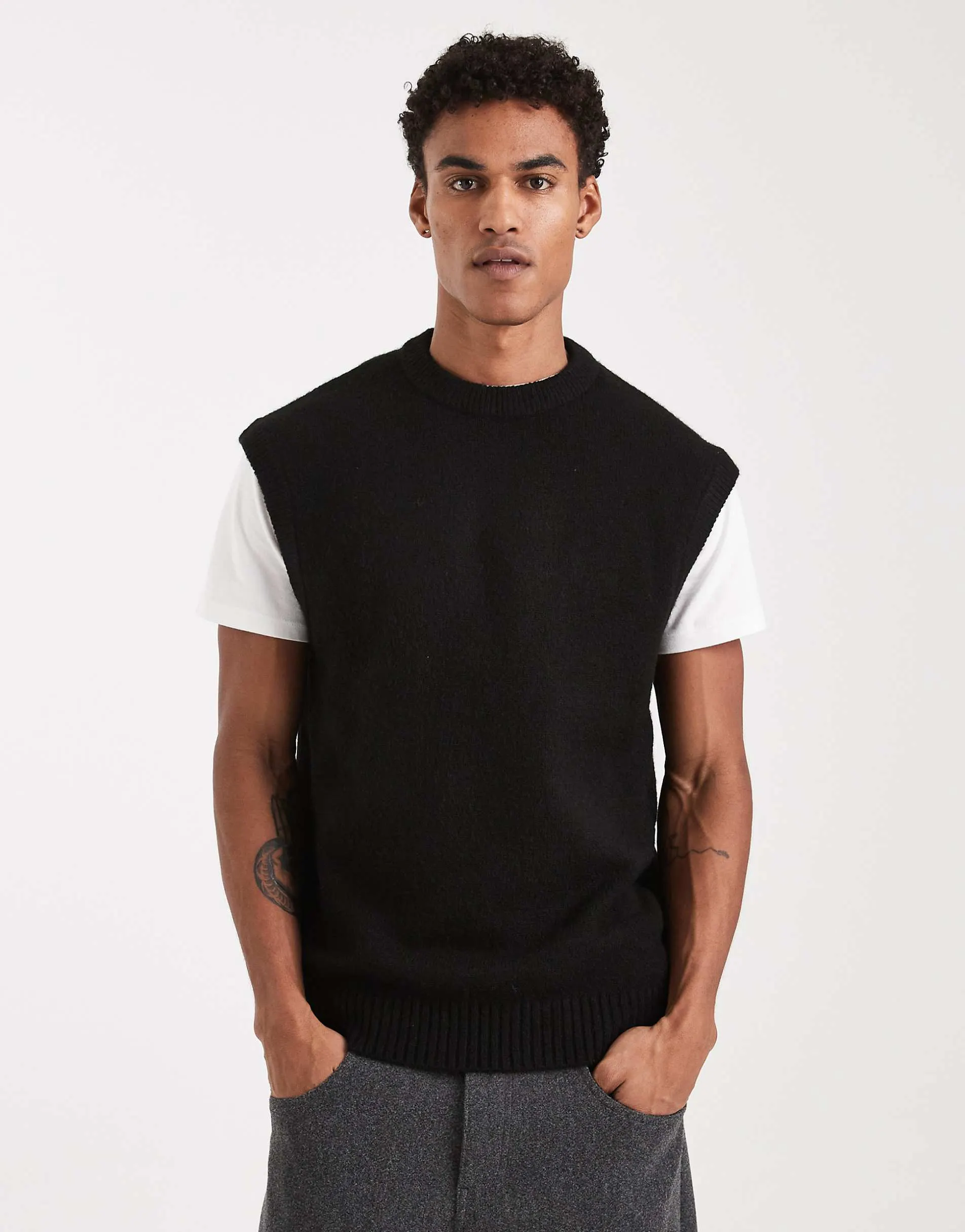Jack & Jones fluffy knitted singlet in black