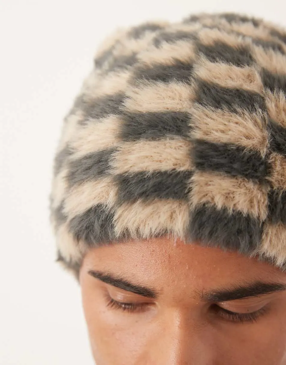 ASOS DESIGN knitted checkerboard skull beanie in neutral
