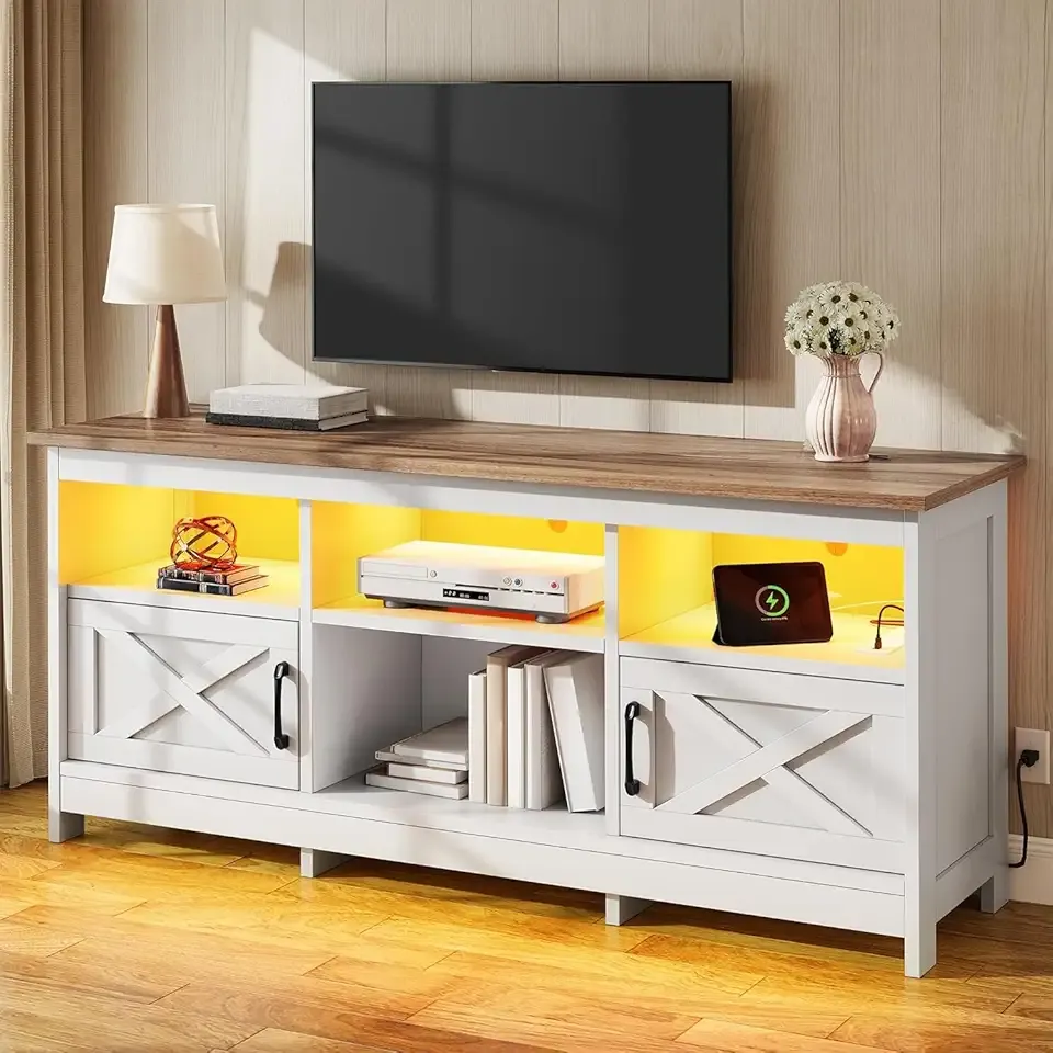 TV Stand for 65 Inch TVs, Entertainment Center with Storage Cabinets, Power Outlet & LED Light, Media Console Living Room Furniture, White