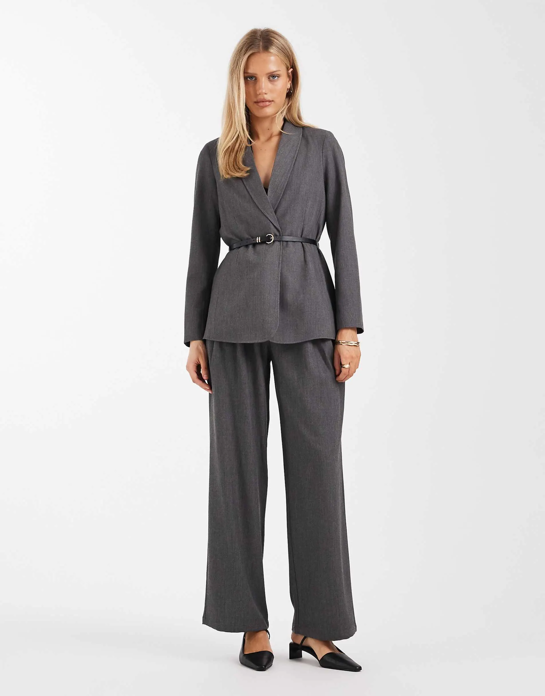 Vero Moda loose fit belted blazer and wide leg trouser set in dark grey melange