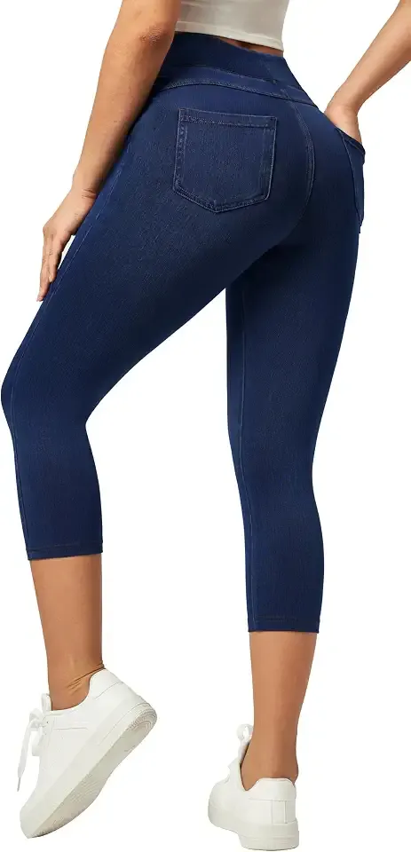 Capri Jeans for Women Stretchy Jean Capris Pull On Jeggings High Waisted Denim Capri Leggings Casual Pants with Pockets