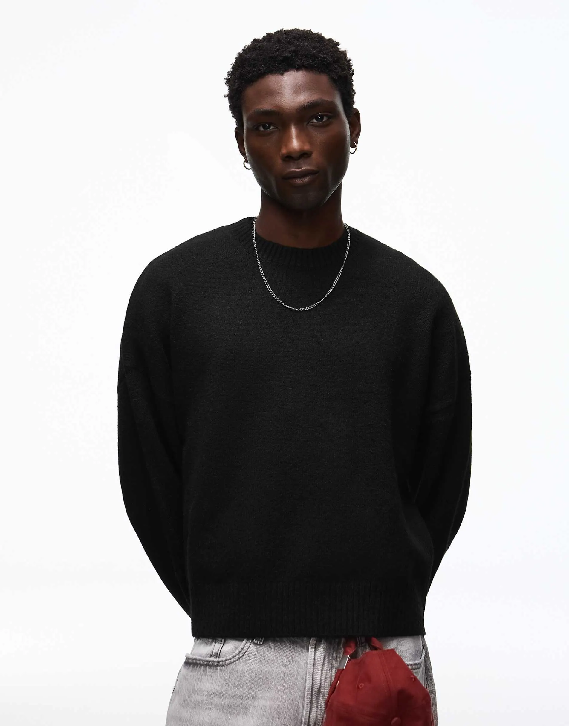 Bershka Boxy round neck jumper in black
