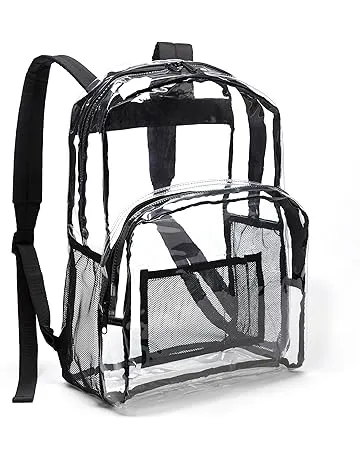 Amazon Basics Transparent School Backpack, With Water-Resistant PVC Plastic Material and Ruggedly Reinforced Shoulder Straps, Clear