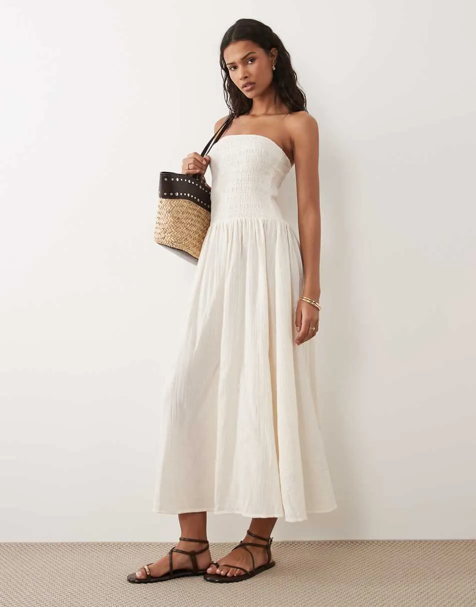 Brave Soul cheesecloth strapless midi dress with shirred bodice in off white