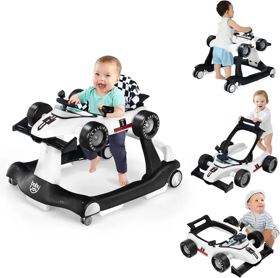 BABY JOY 4-in-1 Baby Walker, Foldable Activity Walker with Adjustable Height & Speed, Music, Lights, Anti-Rollover, Toddler Push Walker, Baby Walker with Wheels for Boys Girls 6-18 Months (White)