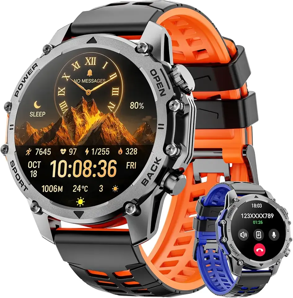 Hwagol Smart Watches for Men (Call/Notification),1.52'' Military Smart Watch, Two Style Kits,Flashlight,100+Sport Modes/Heart Rate/Sleep Monitor/Pedometer (Orange-Blue)