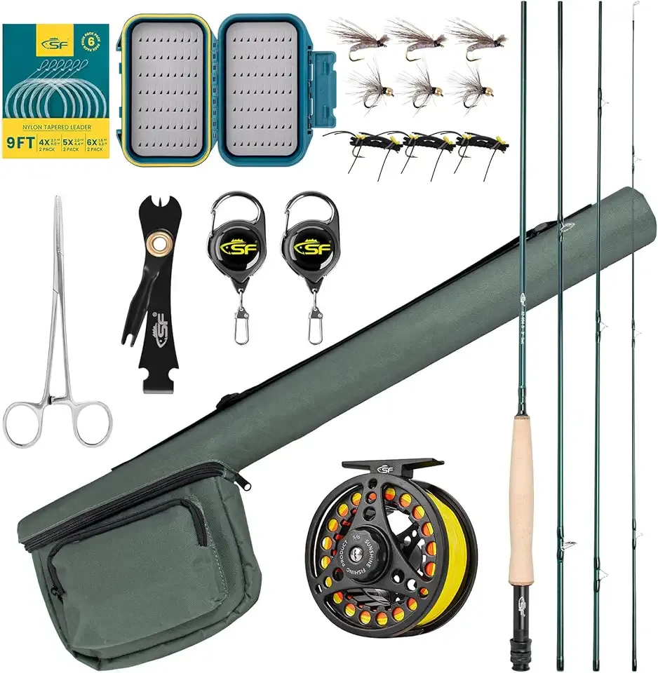 SF Fly Fishing Rod Combo Starter Kit Semi Gloss Green Jade Finish 24T Carbon Fiber Trout Travel Fly Rod with Reel,Fly Rod case,Fly Box , Flies,Tapered Leader,Knot Tying Tools