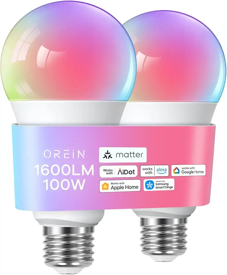 OREiN Matter Smart Light Bulb, 1600 Lumens 100W Equivalent Smart Light Bulbs, Color Changing Light Bulbs Work with Apple Home, Alexa, Google Home, SmartThings, A21 Smart Bulbs 2.4Ghz WiFi, 2Pack
