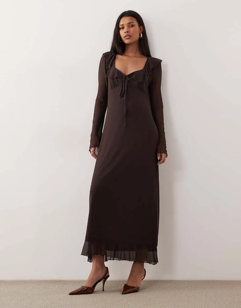 ASOS DESIGN frill neckline mesh long sleeve midi dress