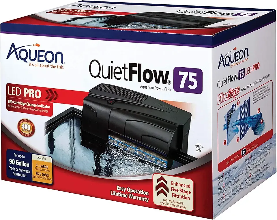Aqueon QuietFlow 75 LED PRO Aquarium Fish Tank Power Filter, 90 Gal | 75 gallon fish tank filter with self-priming auto-restart, LED change indicator, mechanical, chemical, biological filtration