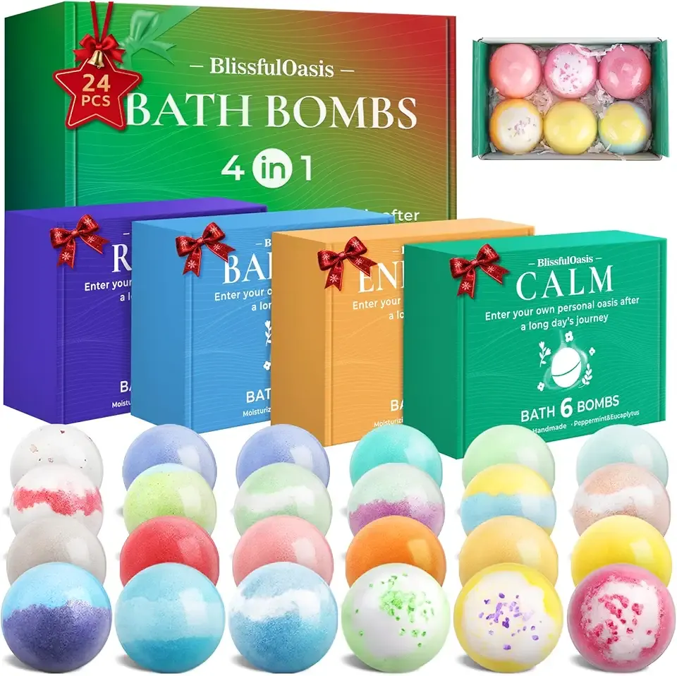 BlissfulOasis Bath Bombs Set, 24 Pcs Shower Bombs with 6 Refreshing Scents, Perfect for Moisturizing & Relaxing, Ideal for Birthday, Mother's Day, Valentine's Day Present Giving, Presents for Women
