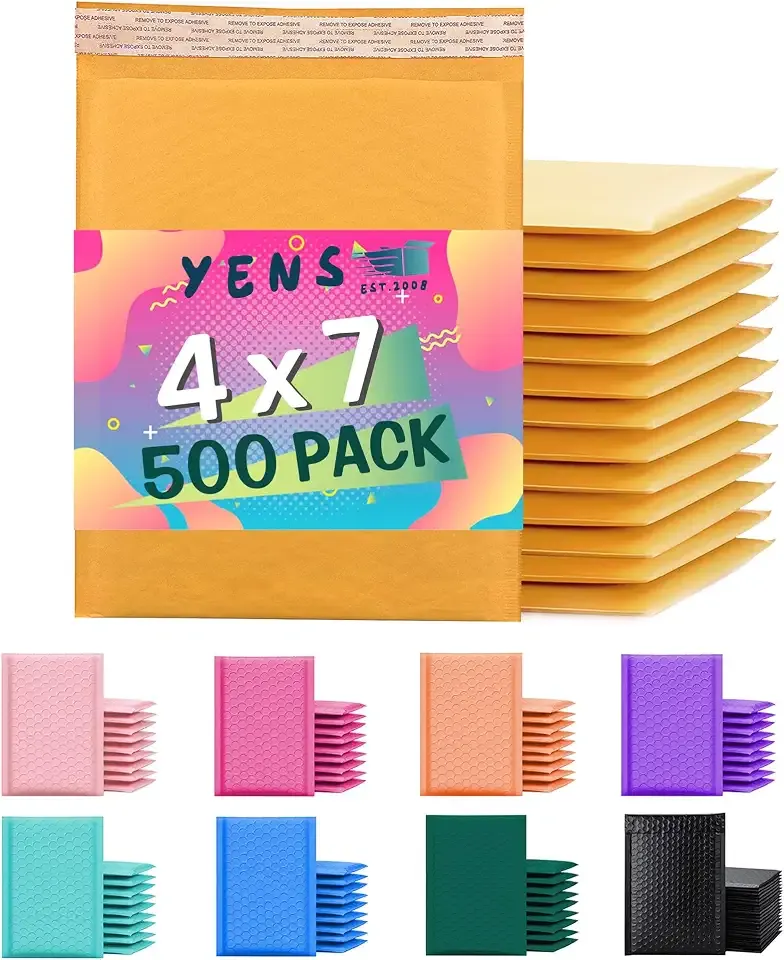 Yens Kraft Bubble Mailers 4x8 500 Pack Usable Space 4x7 KF#000-500 | Self Seal Adhesive Shipping Bags, Cushioning Padded Envelopes for Shipping, Mailing, Packaging