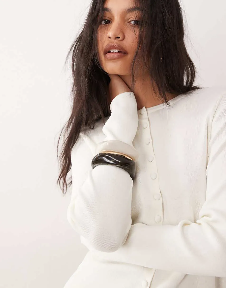 ASOS DESIGN compact crew neck cardigan with self covered buttons in cream
