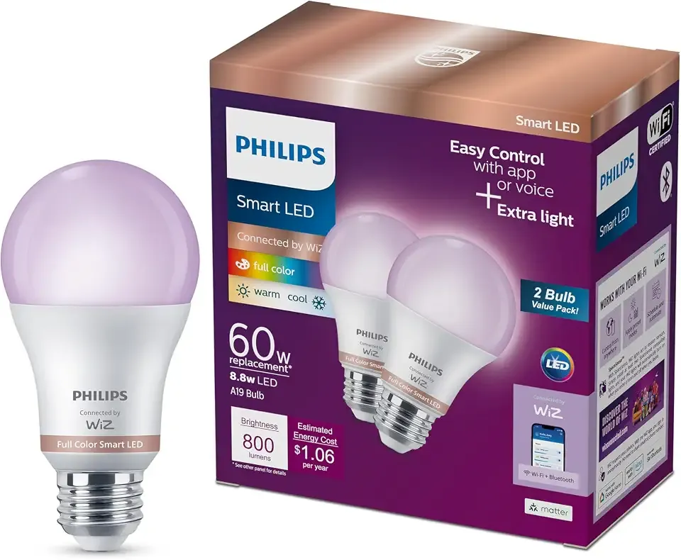 PHILIPS Smart Lighting Connected Light Bulbs, 2-Pack, Color A19 60W 800LM E26 Indoor LED Lights, Smart Bulbs with Motion Detection, Control with Voice or App
