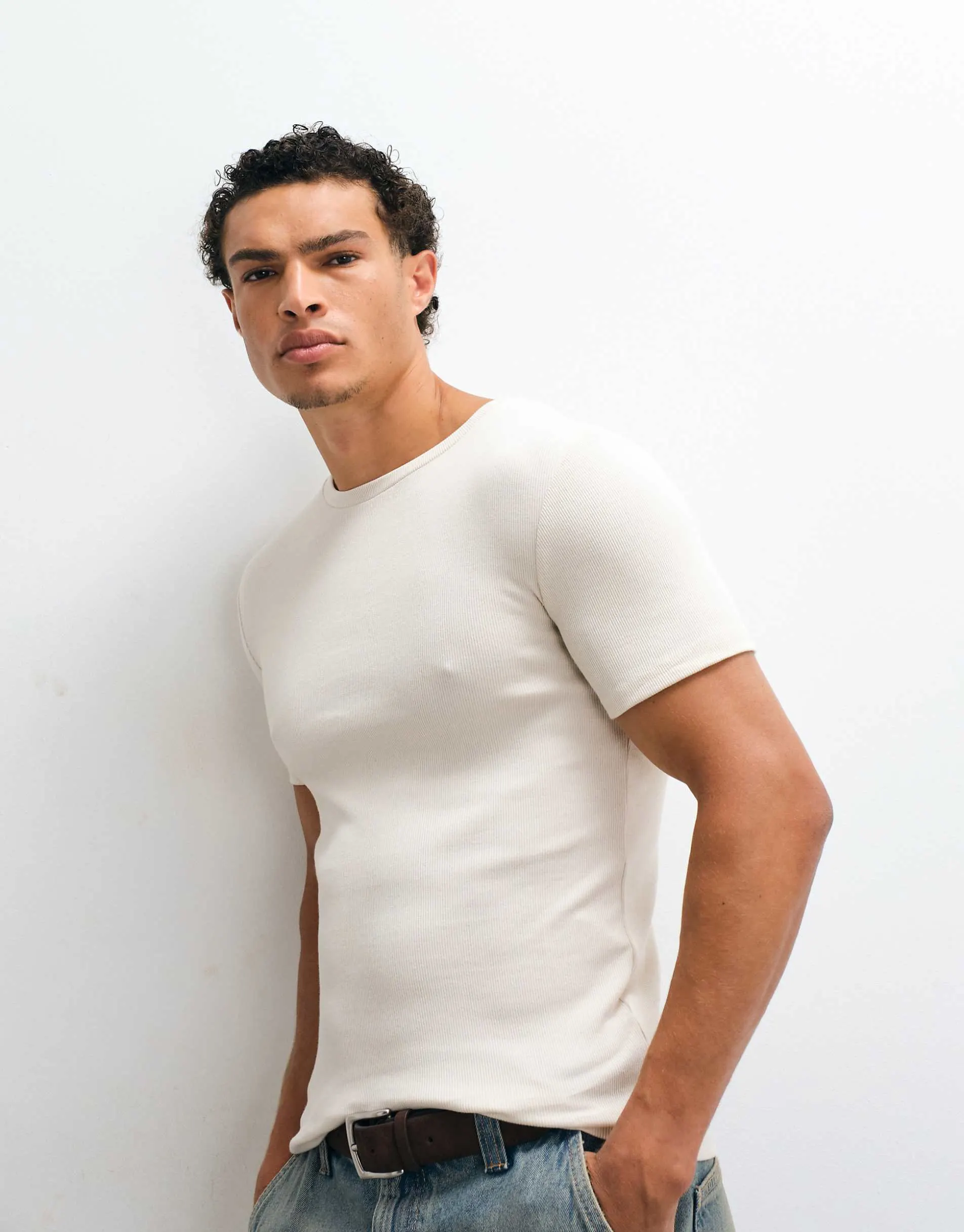 ASOS DESIGN Essentials muscle fit t-shirt in beige rib