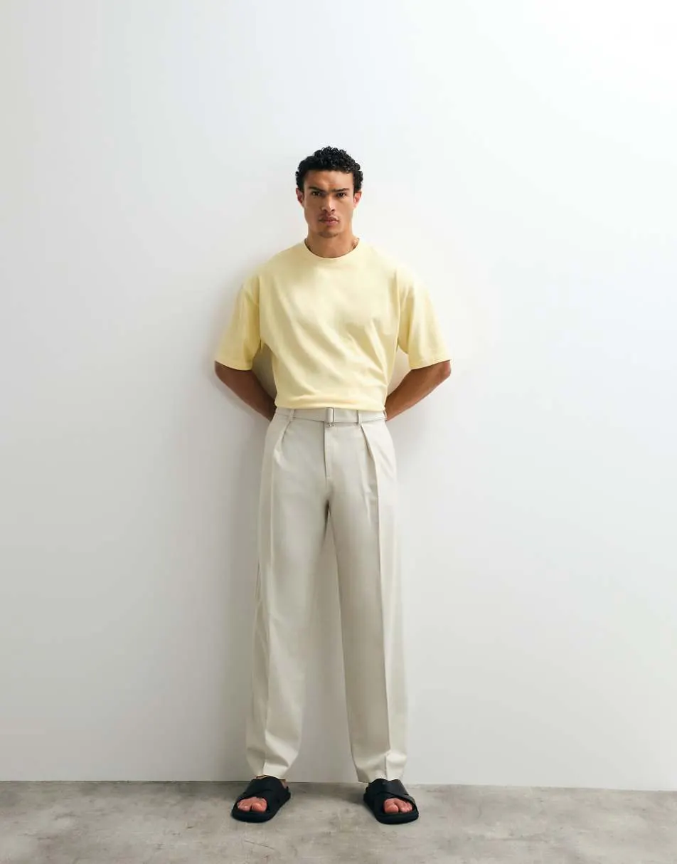 ASOS DESIGN smart belted wide leg trousers in cream texture