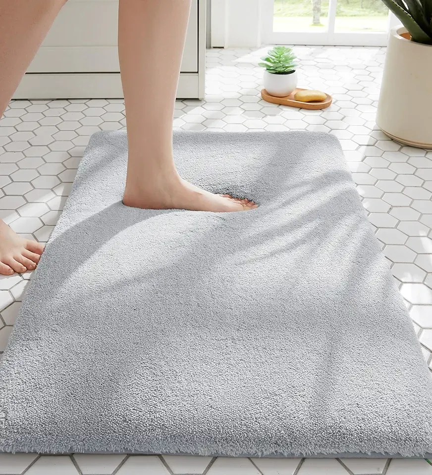 MINIDEAR Bathroom Rugs 24"x17" Light Grey - Thick Elastic Foam Bath Mat, Ultra Soft & Plush Fluffy, Non-Slip, Quick Dry, Absorbent Washable Floor Microfiber Mat for Tub, Home Decor Accessories