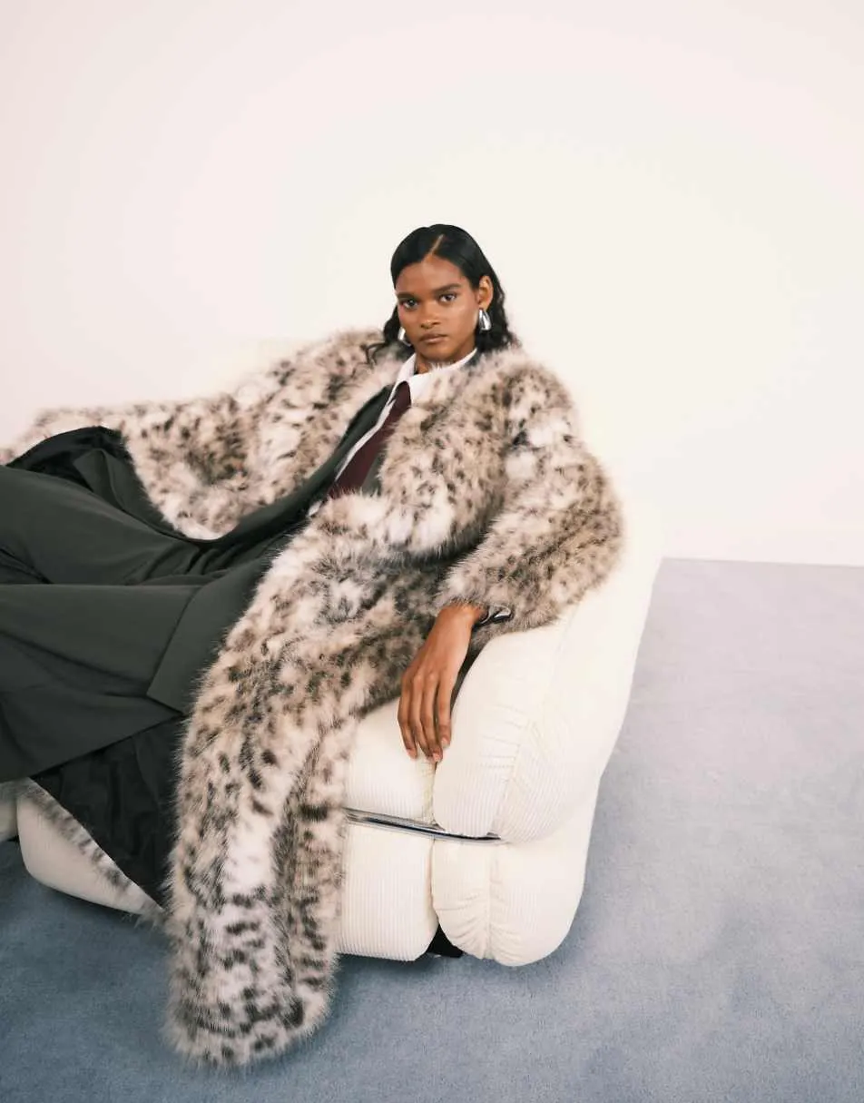ASOS DESIGN collarless longline faux fur coat in snow leopard