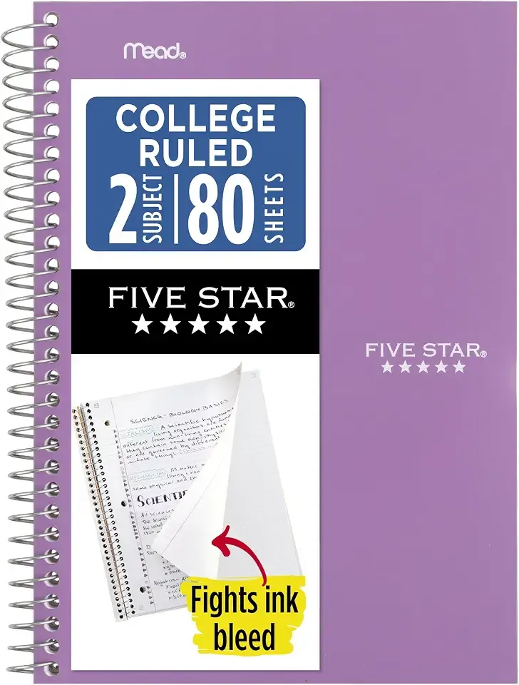 Five Star Spiral Notebook, 2 Subject, College Ruled Paper, 6" x 9-1/2", 80 Sheets, Fights Ink Bleed, Water Resistant Cover, Amethyst Purple (840029CF1-ECM)