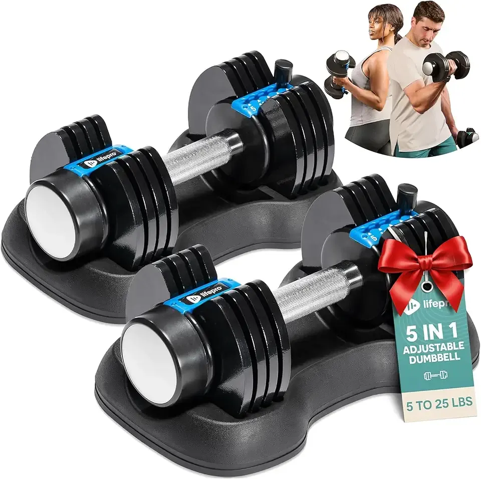 Lifepro Adjustable Dumbbells Set - 5in1-15lb 25lb 43lb 55lb weights Set & Single with Rack - Quick Adjust, Secure Grip - Compact Hand Weights for Men Women Home Gym