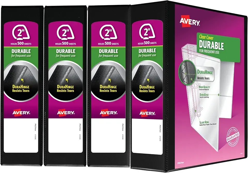 Avery Durable View 3 Ring Binder, 2 Inch Slant Rings, 4 Black Binders (17031)