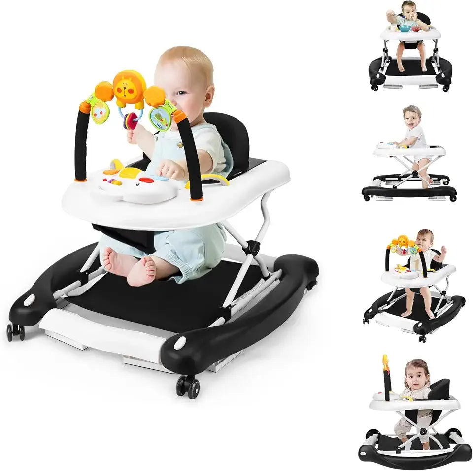 Boyro Baby Baby Walker, 5-in-1 Black Baby Walkers for Boys and Girls 6-12 Months with Bouncer, Removable Footrest, Feeding Tray & Music, Foldable & Adjustable Walker for 6-18 Months Toddler Infant