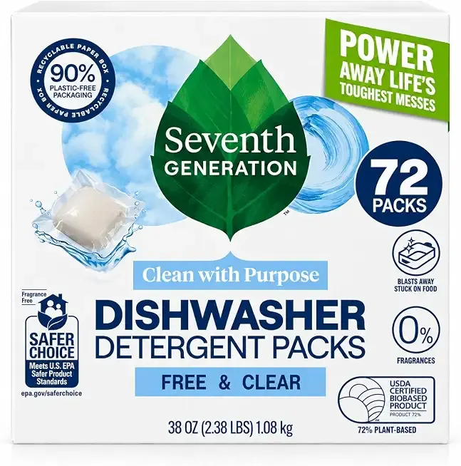 Seventh Generation Free & Clear Dishwasher Detergent Packs, 72 Count | Powers away life's toughest messes, made with biobased ingredients. Free & Clear formula with 0% dyes & fragrances.